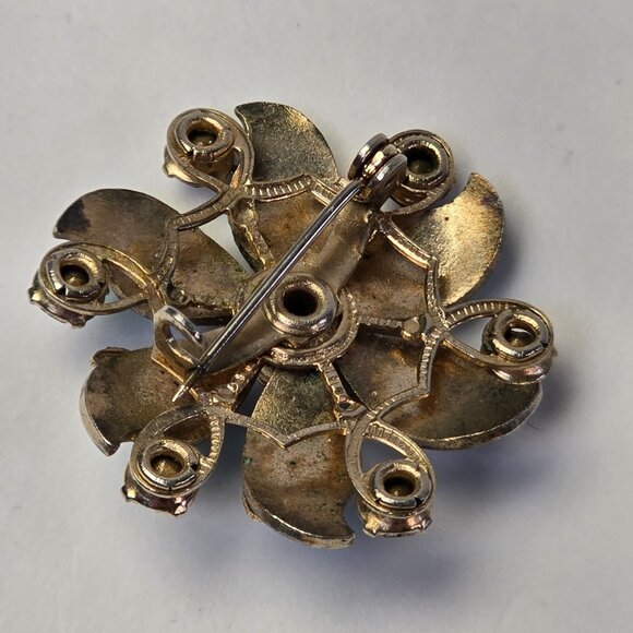 Vintage Blue Enamel Rhinestone Flower Brooch Pin Mid Century Guilloche Style - Picture 7 of 11